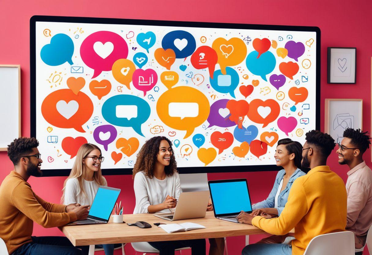 An inviting digital space with diverse bloggers interacting and sharing ideas, featuring vibrant speech bubbles and symbols of connection like hearts and thumbs up. The scene should include a colorful online discussion board with various devices displaying engaging content, set against a backdrop of a thriving community. The atmosphere should evoke a sense of collaboration and enthusiasm. vibrant colors. 3D. motivational style.