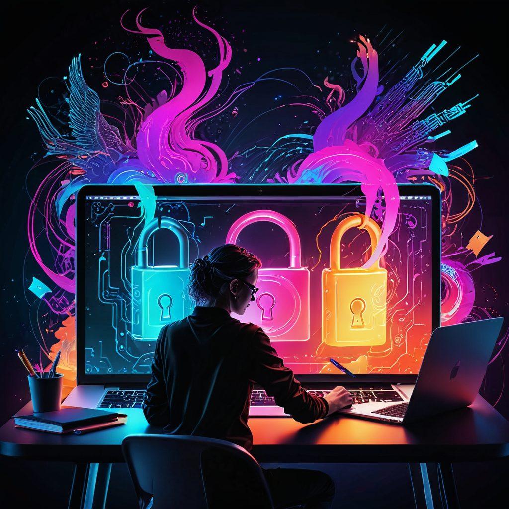 A mysterious open lock with glowing blogging tools emerging from it, like a laptop, pen, and notebook, surrounded by swirling colorful light representing creativity. In the background, a blurred silhouette of a person thoughtfully writing at a desk, symbolizing the journey of modern blogging. vibrant colors. digital art. cyberpunk.