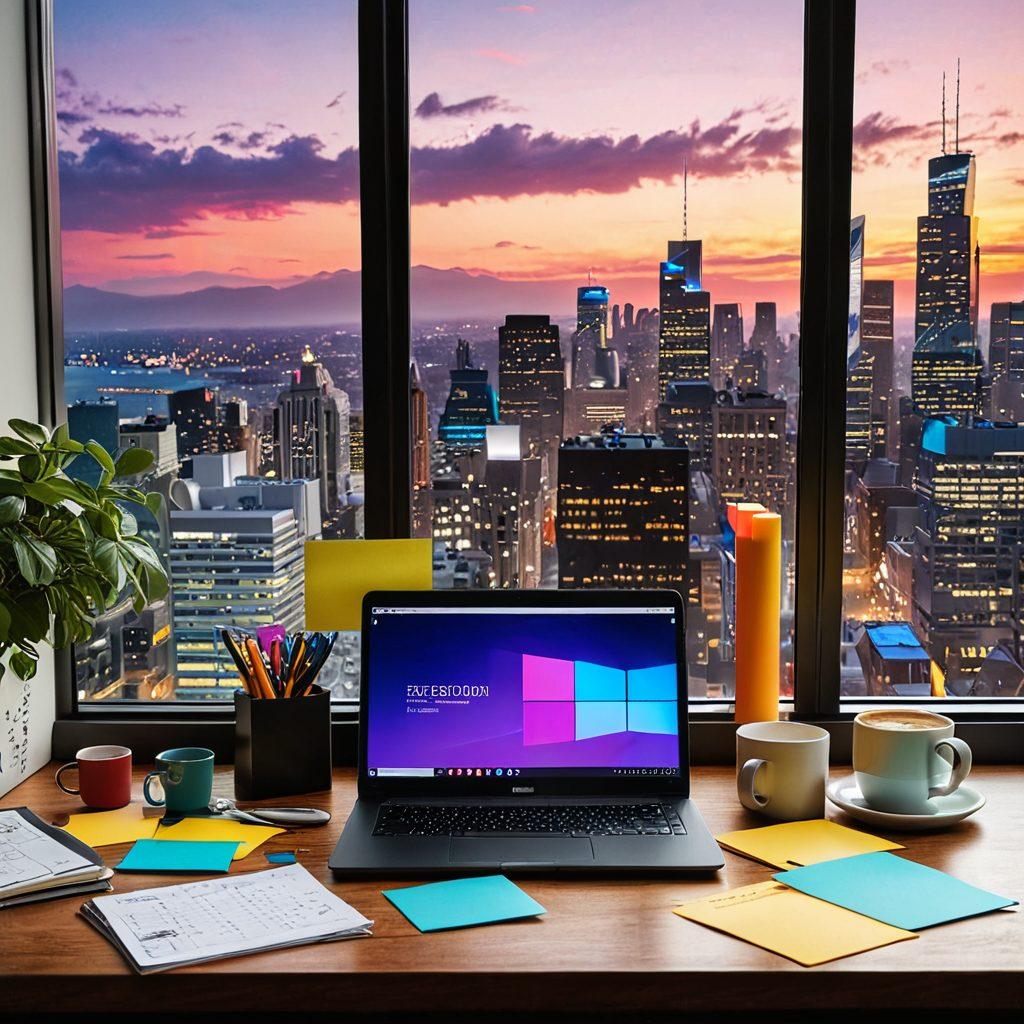 A dynamic workspace showcasing a laptop with an open blog editor, surrounded by colorful sticky notes, brainstorming sketches, and a cup of coffee. Include a window with a beautiful view of a city skyline to symbolize outreach, with digital symbols like hashtags and social media icons hovering around. Bright and inspiring atmosphere, encouraging creativity and strategy. super-realistic. vibrant colors. 3D.